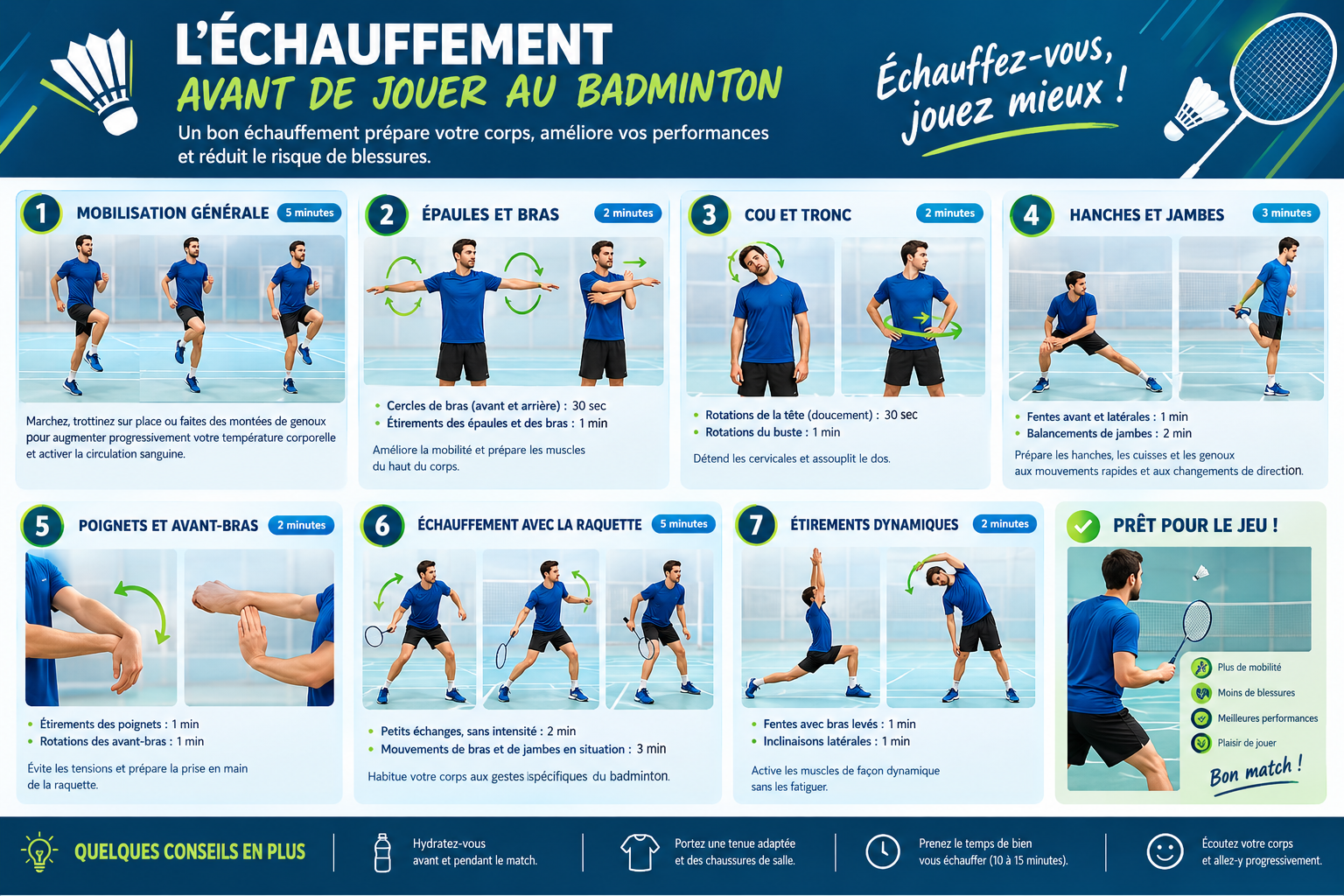 Exemples d'exercices d'échauffement avant de jouer au badminton